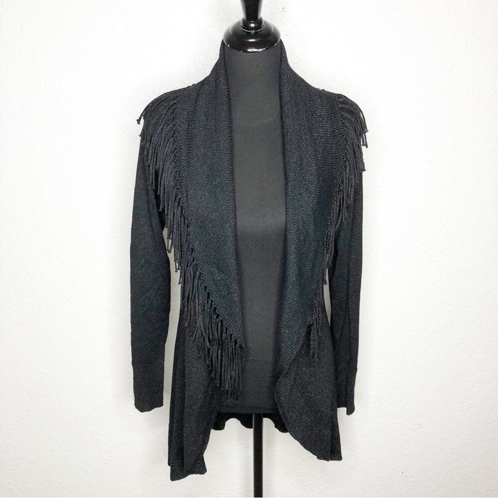 WHBM black metallic fringe trim open front cardigan size Medium